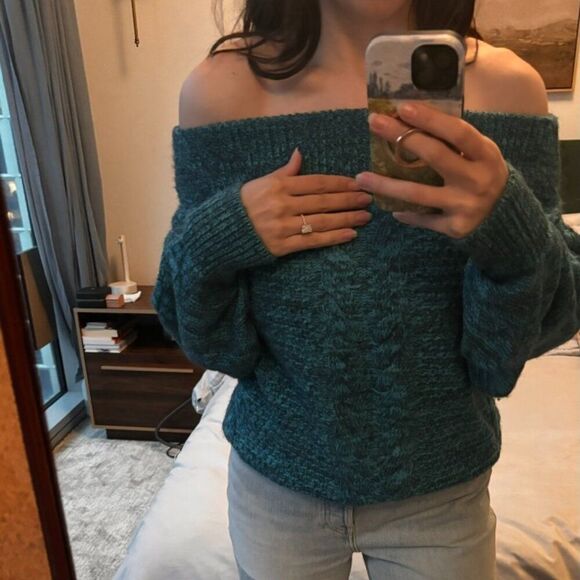 Blue Off-Shouder Knit Anthropologie Sweater - Picture 1 of 5
